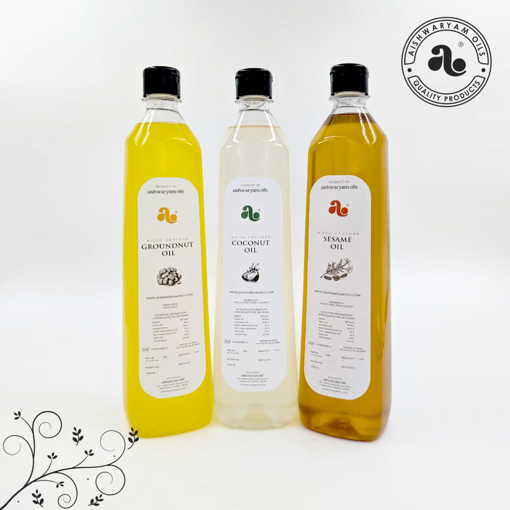 Groundnut Oil, Coconut Oil & Sesame Oil Combo Pack (1 Litre Each)